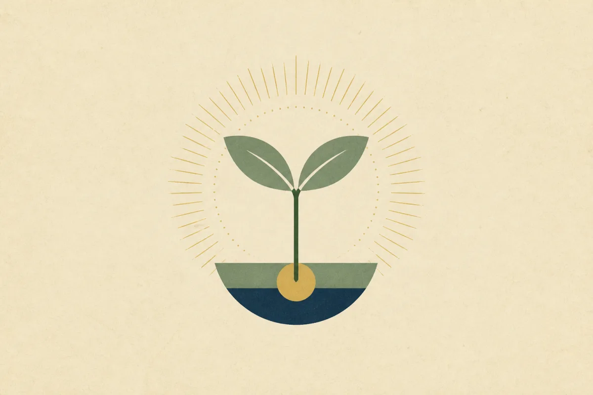Ilustração em estilo gráfico: um broto com duas folhas, em tons de verde musgo e verde salvia.