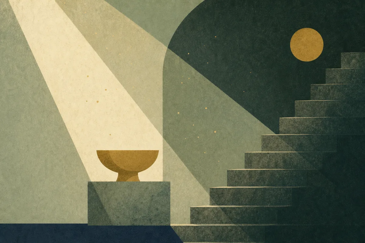 Ilustração em estilo gráfico: degraus de pedra gastos em subida, em tons de verde musgo e verde salvia.