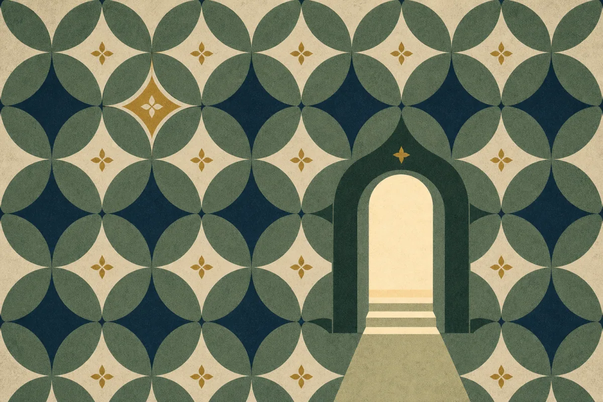 Ilustração em estilo gráfico: uma porta simples com luz além dela, em tons de verde musgo e verde salvia.