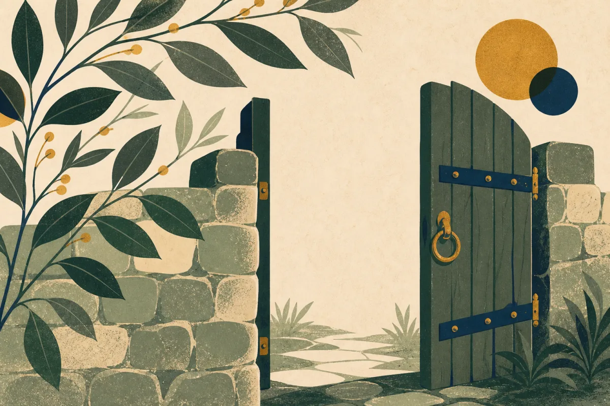 Ilustração em estilo gráfico: um portão de madeira aberto em um muro baixo de pedra, em tons de verde musgo e verde salvia.