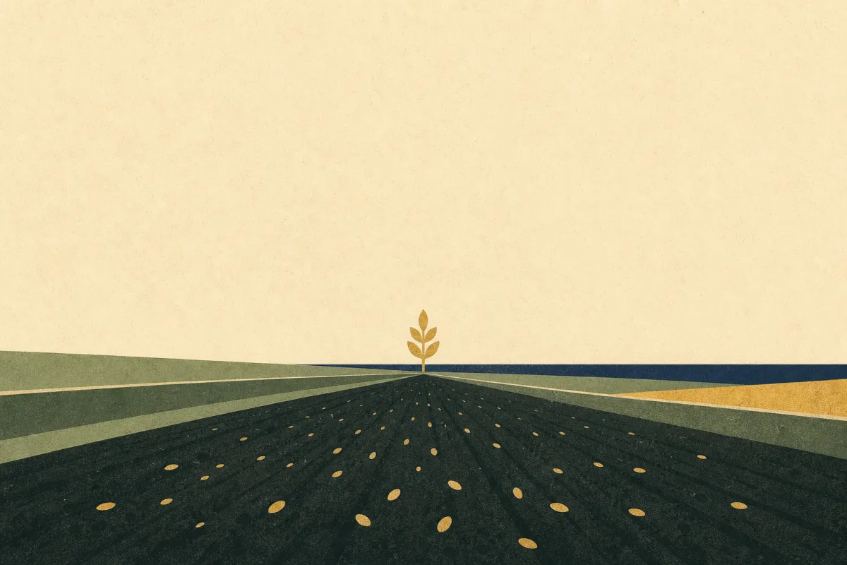 Ilustração em estilo gráfico: sementes espalhadas sobre terra arada, em tons de verde musgo e verde salvia.