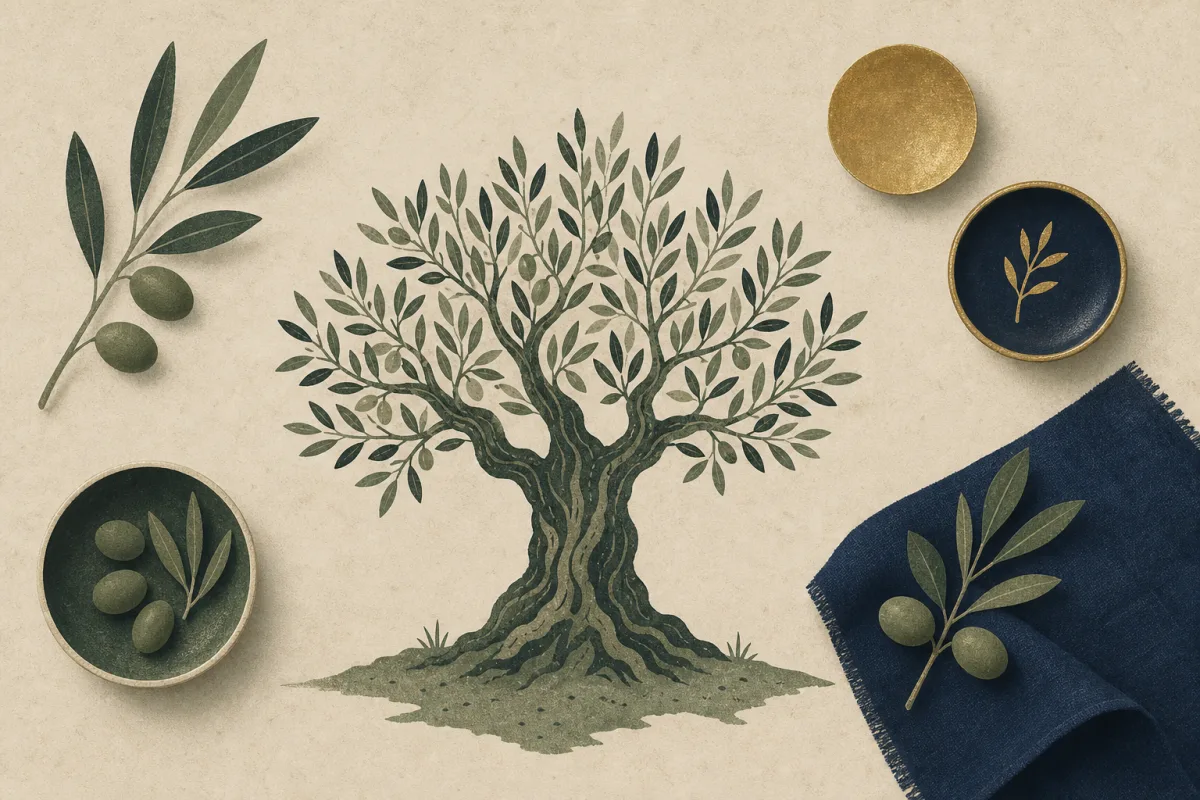 Ilustração em estilo gráfico: uma oliveira madura com tronco retorcido, em tons de verde musgo e verde salvia.
