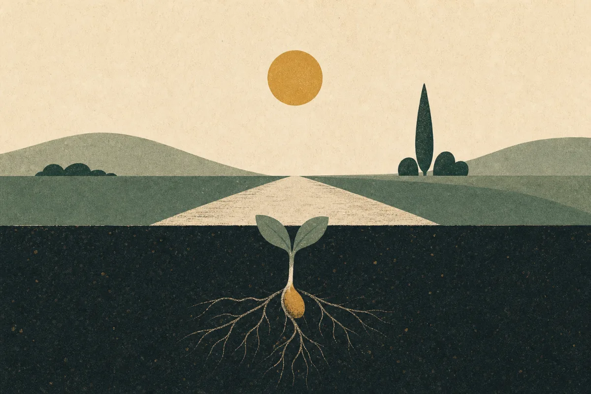 Ilustração em estilo gráfico: uma muda brotando de solo escuro, em vista de corte, em tons de verde musgo e verde salvia.