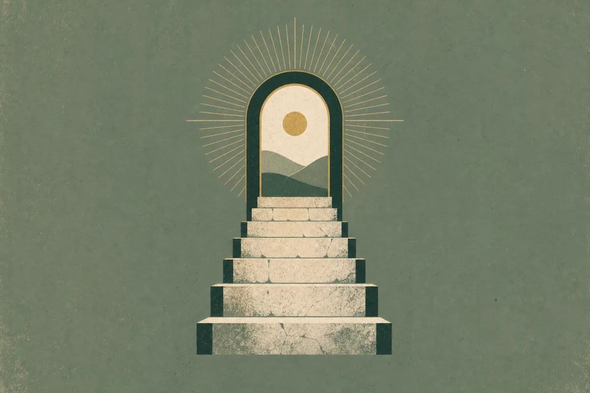 Ilustração em estilo gráfico: degraus de pedra gastos em subida, em tons de verde musgo e verde salvia.