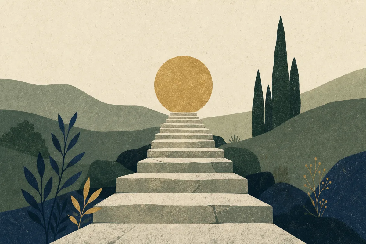 Ilustração em estilo gráfico: degraus de pedra gastos em subida, em tons de verde musgo e verde salvia.