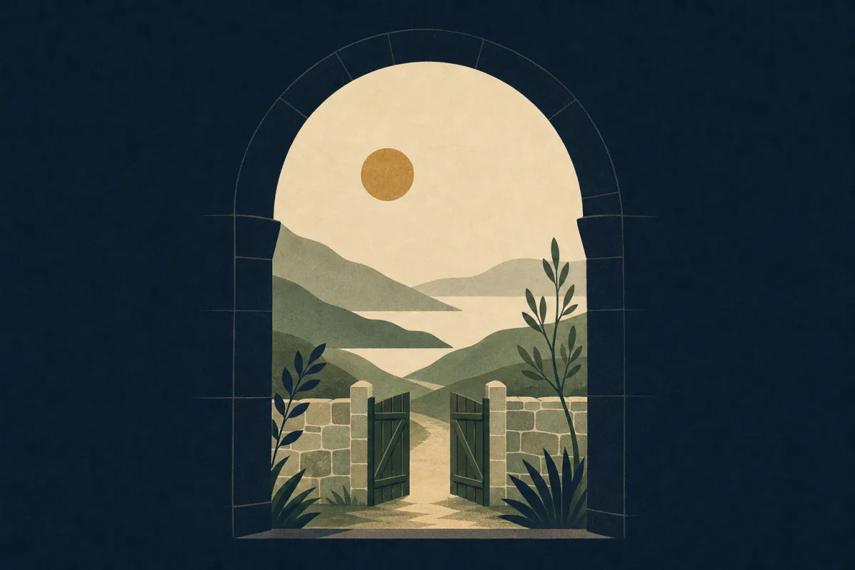 Ilustração em estilo gráfico: um portão de madeira aberto em um muro baixo de pedra, em tons de verde musgo e verde salvia.