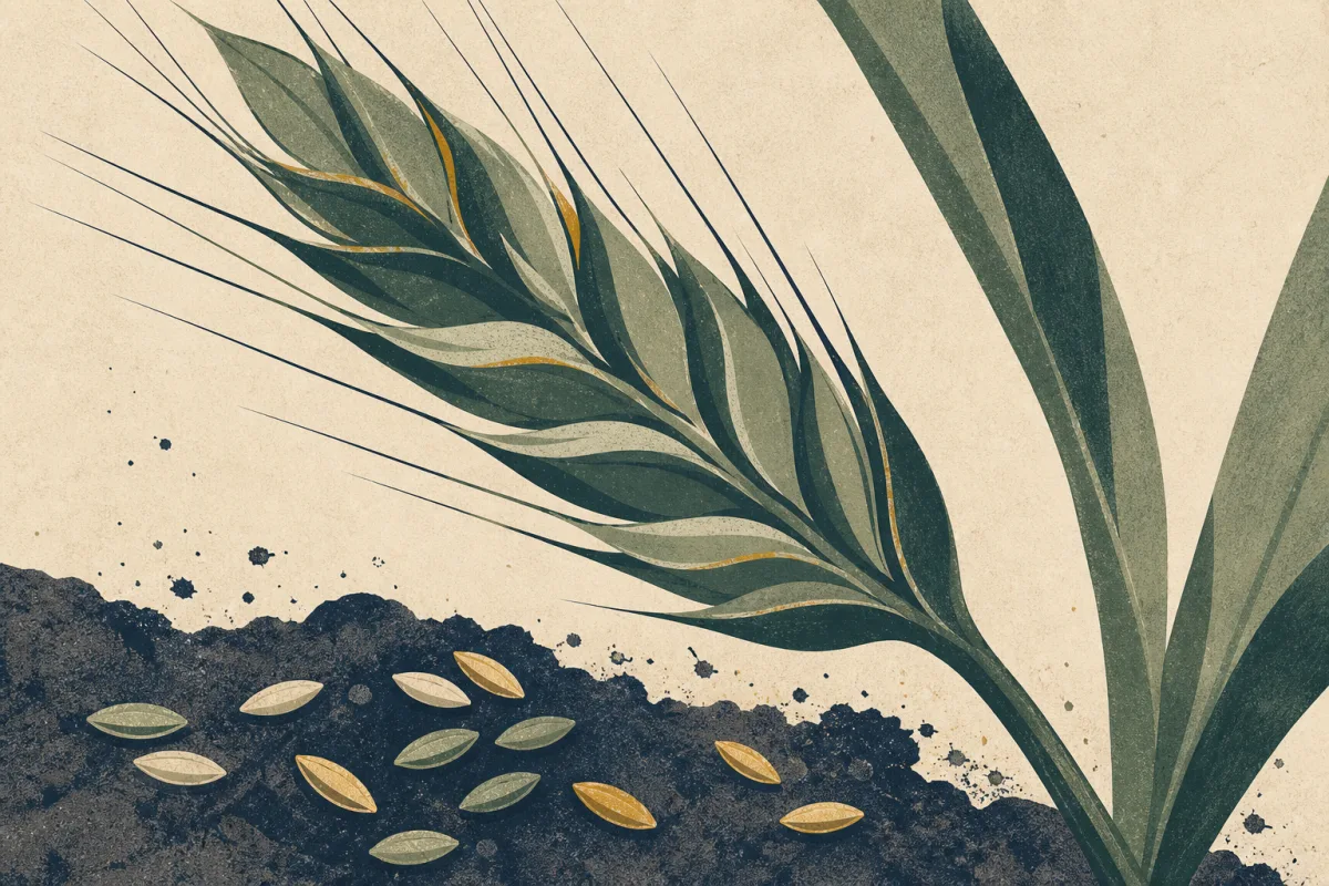 Ilustração em estilo gráfico: sementes espalhadas sobre terra arada, em tons de verde musgo e verde salvia.