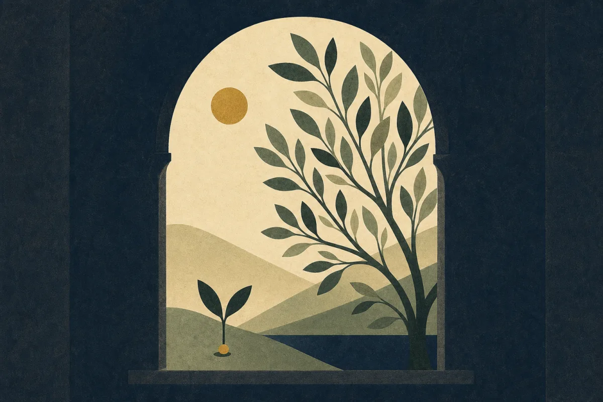 Ilustração em estilo gráfico: uma semente de mostarda ao lado de um arbusto grande e ramificado, em tons de verde musgo e verde salvia.