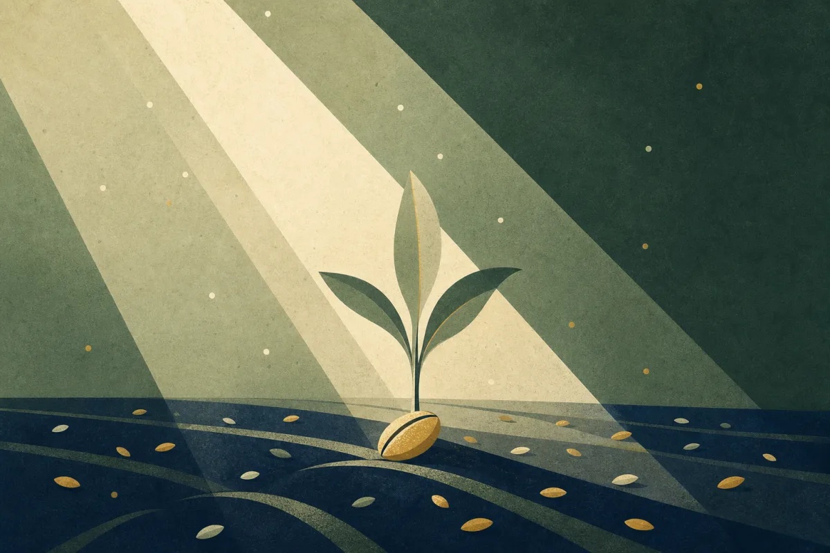 Ilustração em estilo gráfico: sementes espalhadas sobre terra arada, em tons de verde musgo e verde salvia.