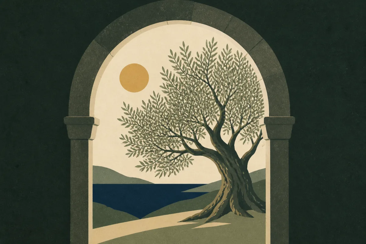 Ilustração em estilo gráfico: uma oliveira madura com tronco retorcido, em tons de verde musgo e verde salvia.