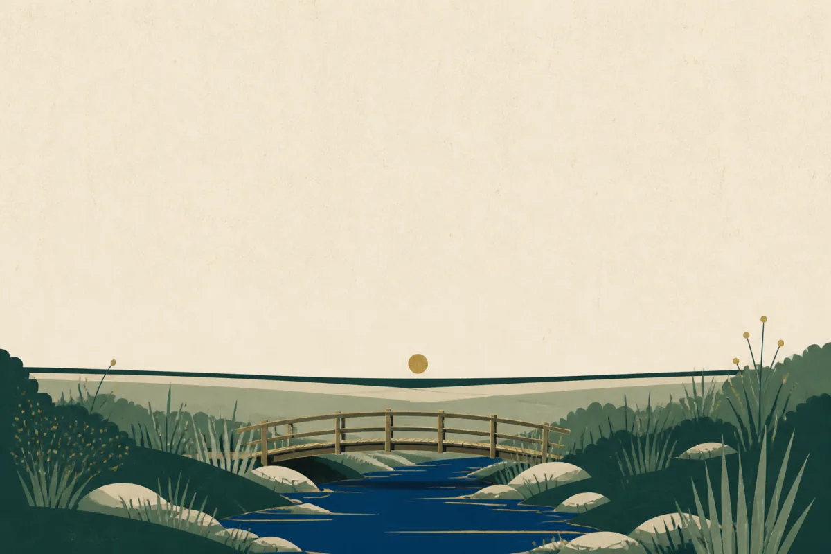 Ilustração em estilo gráfico: uma pequena ponte de madeira sobre um riacho, em tons de verde musgo e verde salvia.