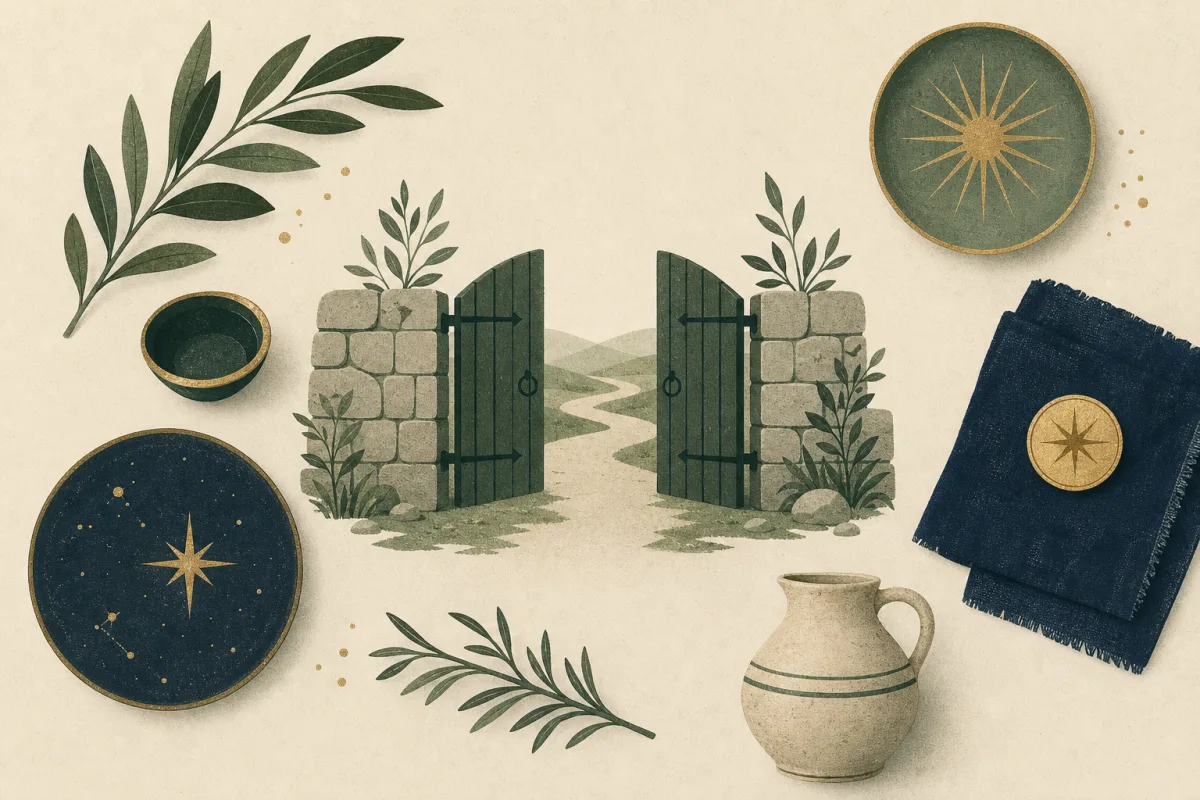 Ilustração em estilo gráfico: um portão de madeira aberto em um muro baixo de pedra, em tons de verde musgo e verde salvia.