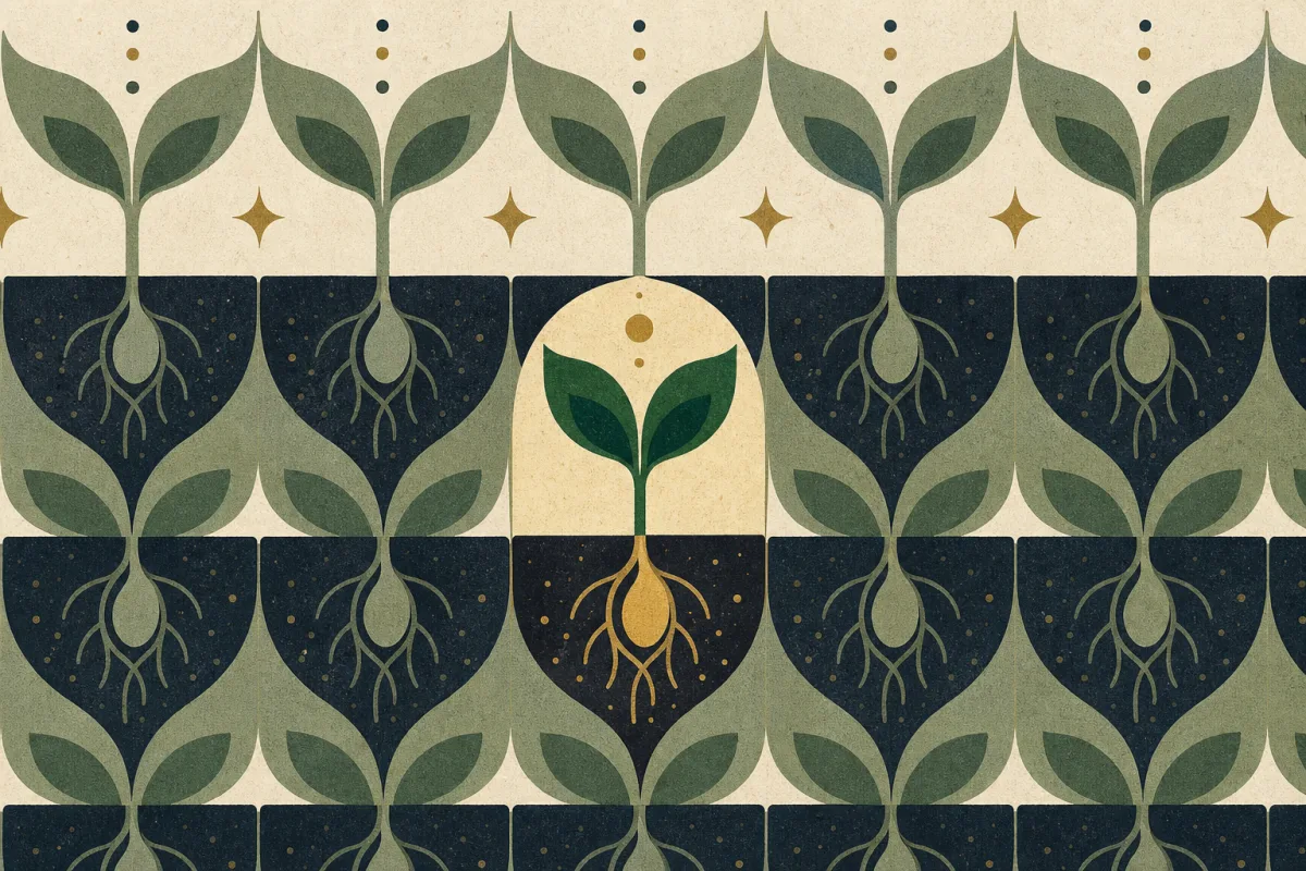 Ilustração em estilo gráfico: uma muda brotando de solo escuro, em vista de corte, em tons de verde musgo e verde salvia.