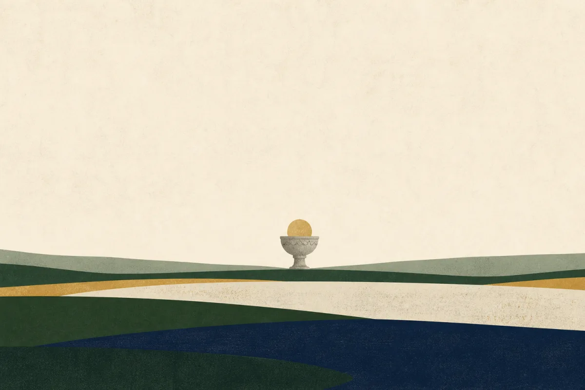 Ilustração em estilo gráfico: uma pia batismal simples de pedra, em tons de verde musgo e verde salvia.