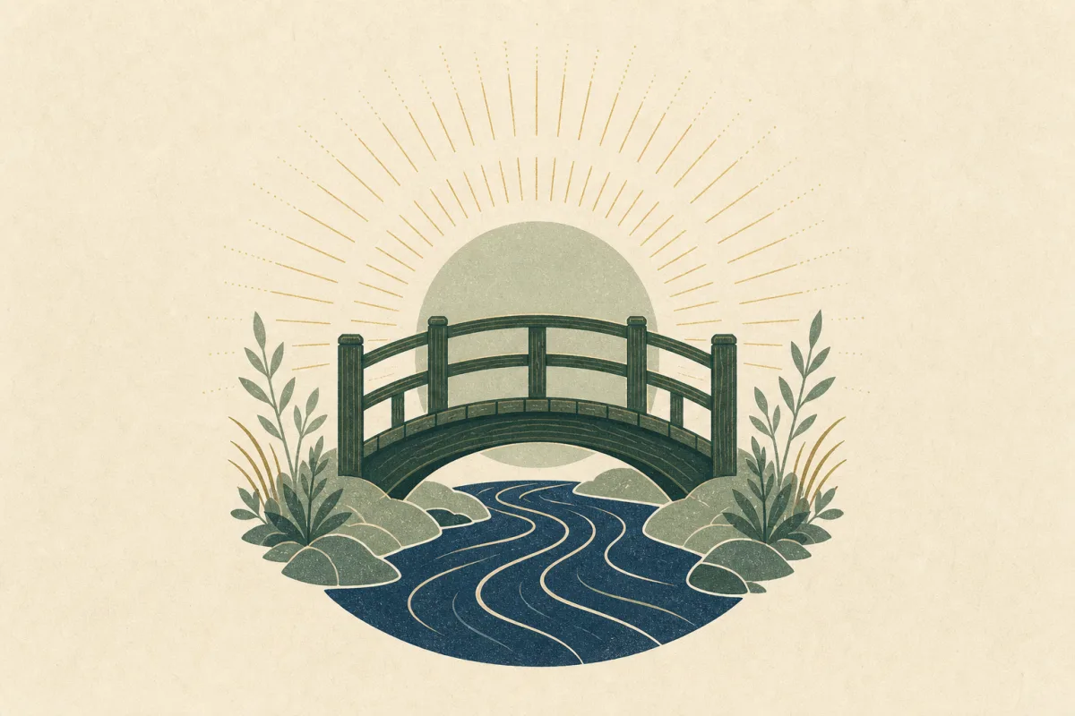 Ilustração em estilo gráfico: uma pequena ponte de madeira sobre um riacho, em tons de verde musgo e verde salvia.