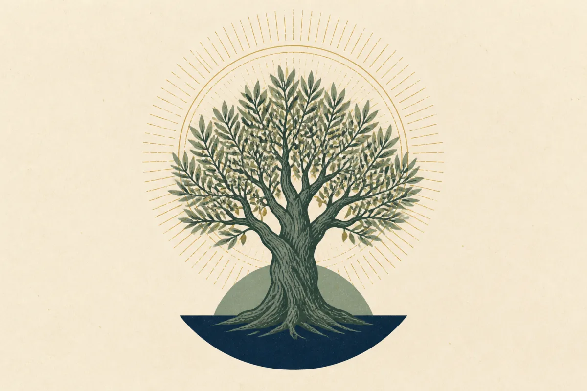 Ilustração em estilo gráfico: uma oliveira madura com tronco retorcido, em tons de verde musgo e verde salvia.
