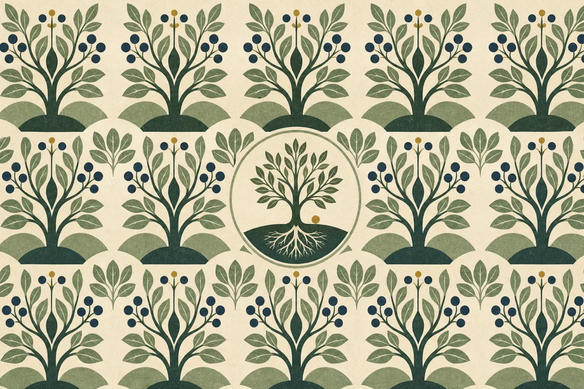 Ilustração em estilo gráfico: uma semente de mostarda ao lado de um arbusto grande e ramificado, em tons de verde musgo e verde salvia.