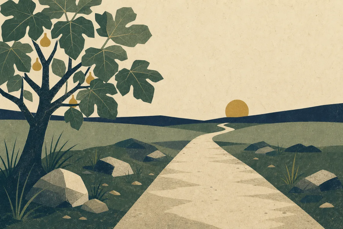 Ilustração em estilo gráfico: uma figueira com folhas largas, em tons de verde musgo e verde salvia.