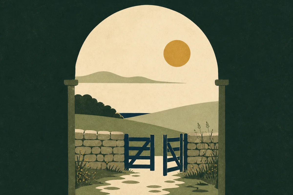 Ilustração em estilo gráfico: um aprisco de pedra com portão aberto, em tons de verde musgo e verde salvia.