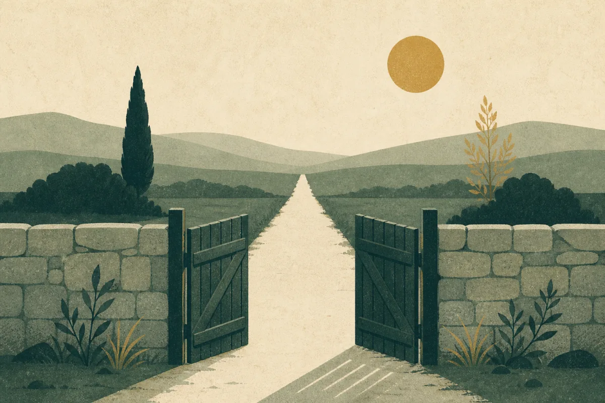 Ilustração em estilo gráfico: um portão de madeira aberto em um muro baixo de pedra, em tons de verde musgo e verde salvia.