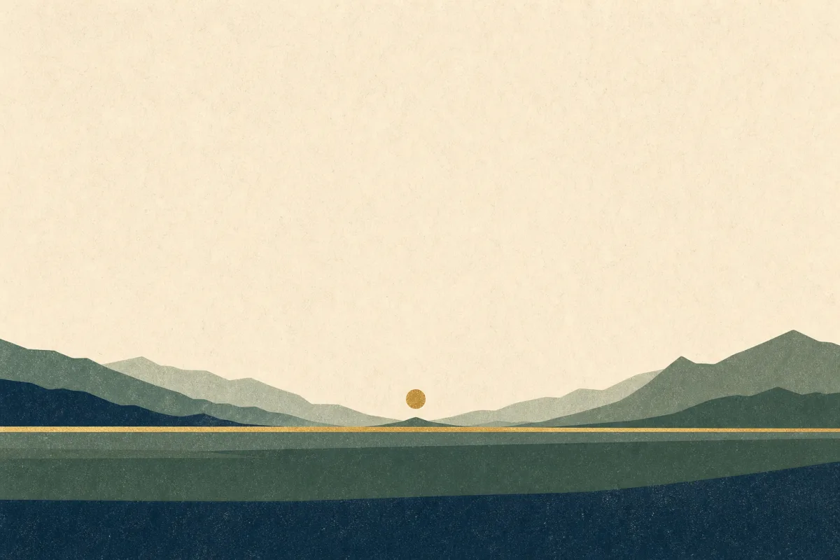 Ilustração em estilo gráfico: uma cadeia de montanhas em silhuetas planas sobrepostas, em tons de verde musgo e verde salvia.