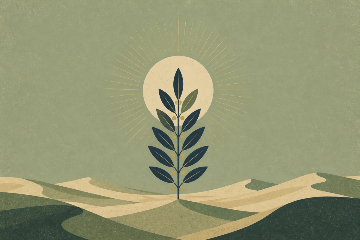 Ilustração em estilo gráfico: uma paisagem desértica com dunas moldadas pelo vento, em tons de verde musgo e verde salvia.