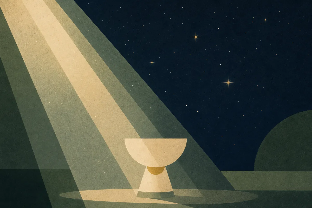 Ilustração em estilo gráfico: um campo de estrelas em um céu noturno profundo, em tons de verde musgo e verde salvia.
