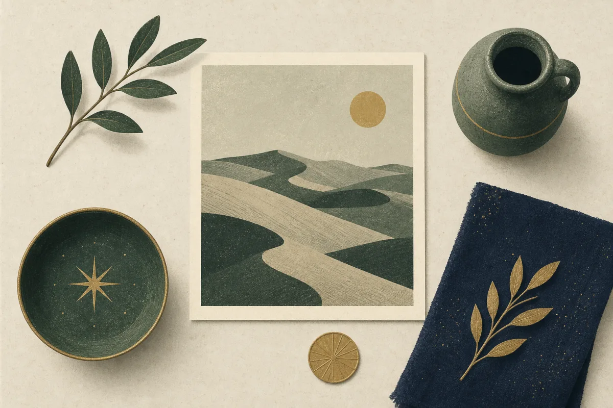 Ilustração em estilo gráfico: uma paisagem desértica com dunas moldadas pelo vento, em tons de verde musgo e verde salvia.