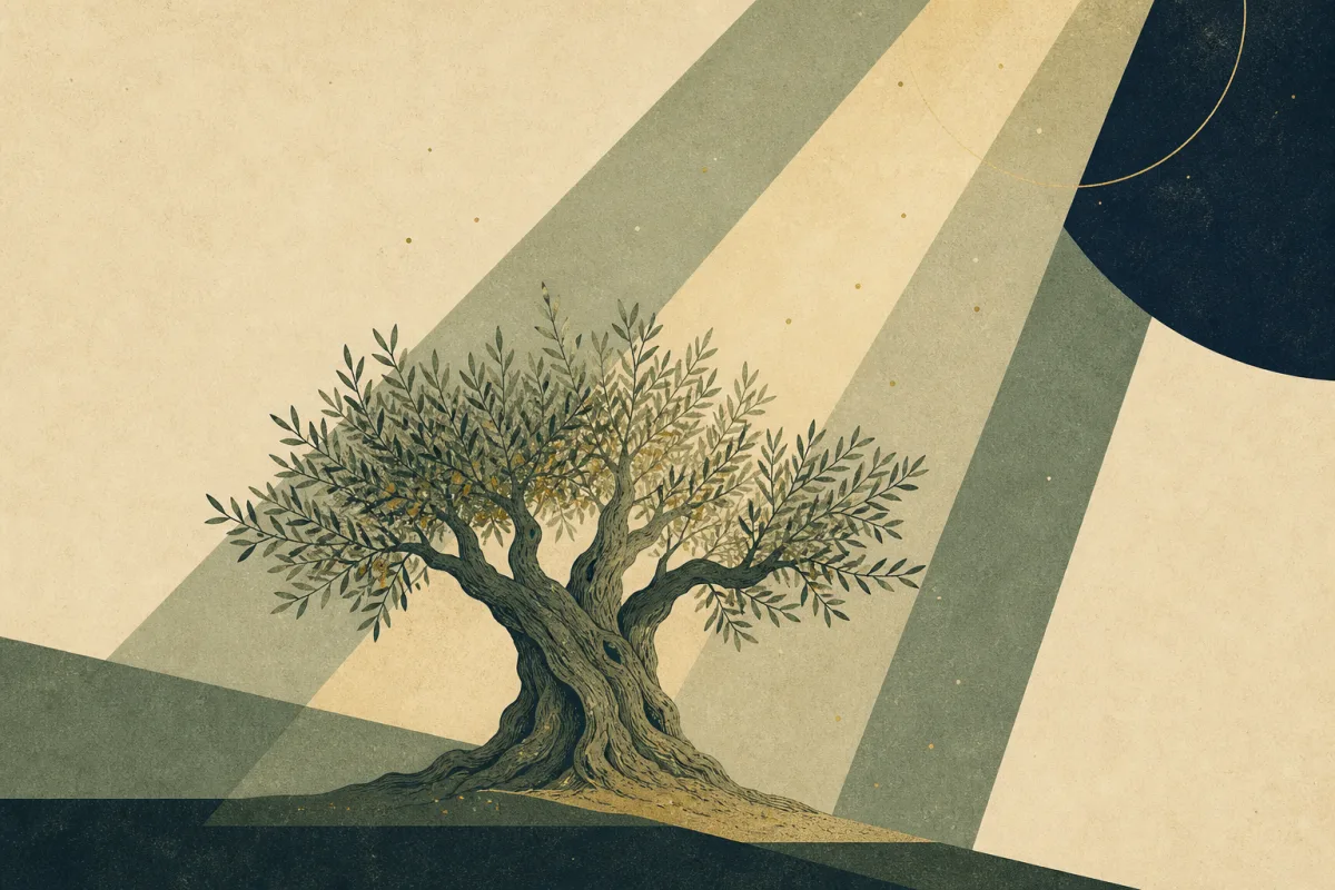 Ilustração em estilo gráfico: uma oliveira madura com tronco retorcido, em tons de verde musgo e verde salvia.