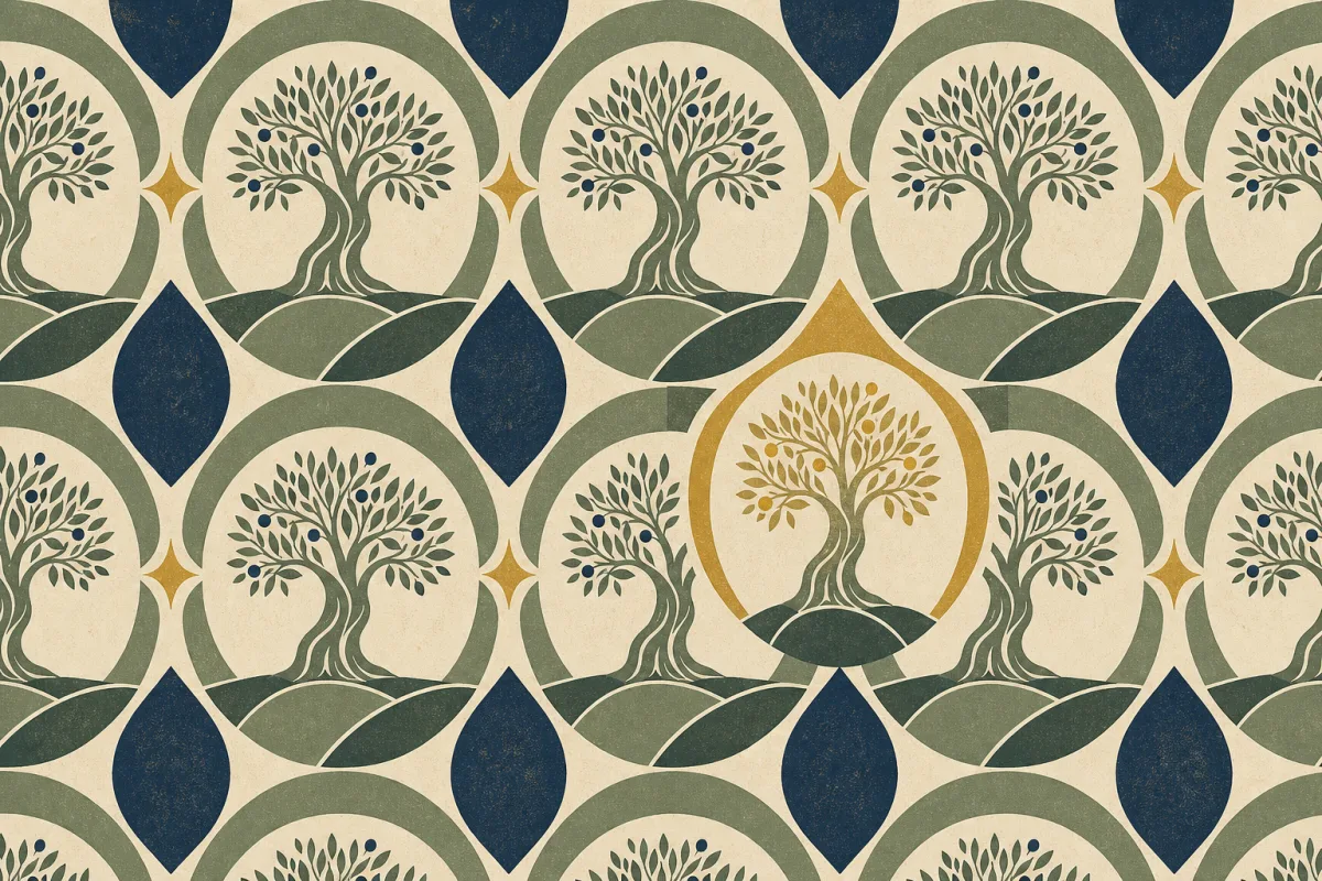 Ilustração em estilo gráfico: a mature olive tree with a gnarled trunk, em tons de #3F6B4A e #8FB89A.