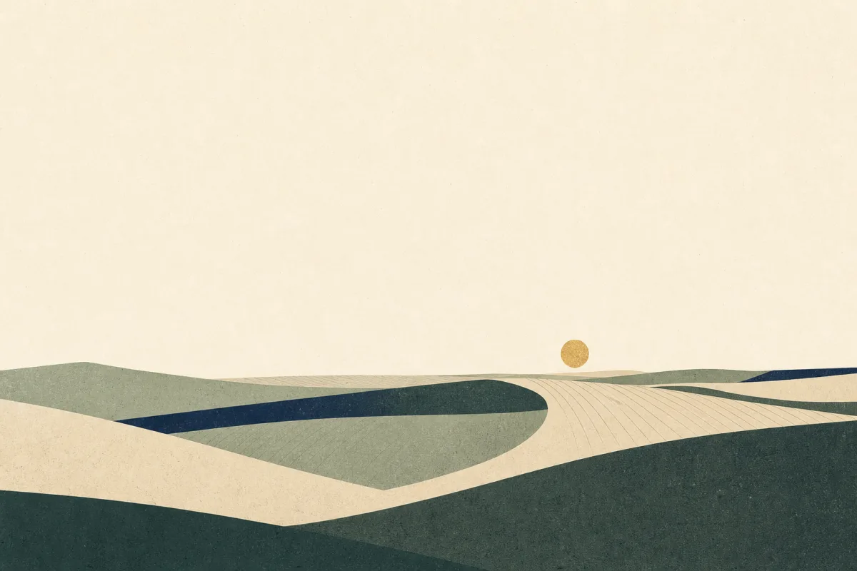 Ilustração em estilo gráfico: uma paisagem desértica com dunas moldadas pelo vento, em tons de verde musgo e verde salvia.
