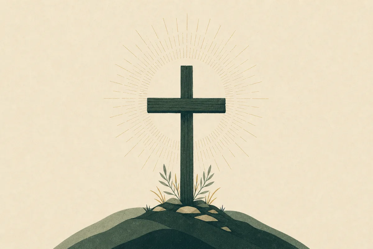 Ilustração em estilo gráfico: uma cruz de madeira sobre uma colina, em tons de verde musgo e verde salvia.