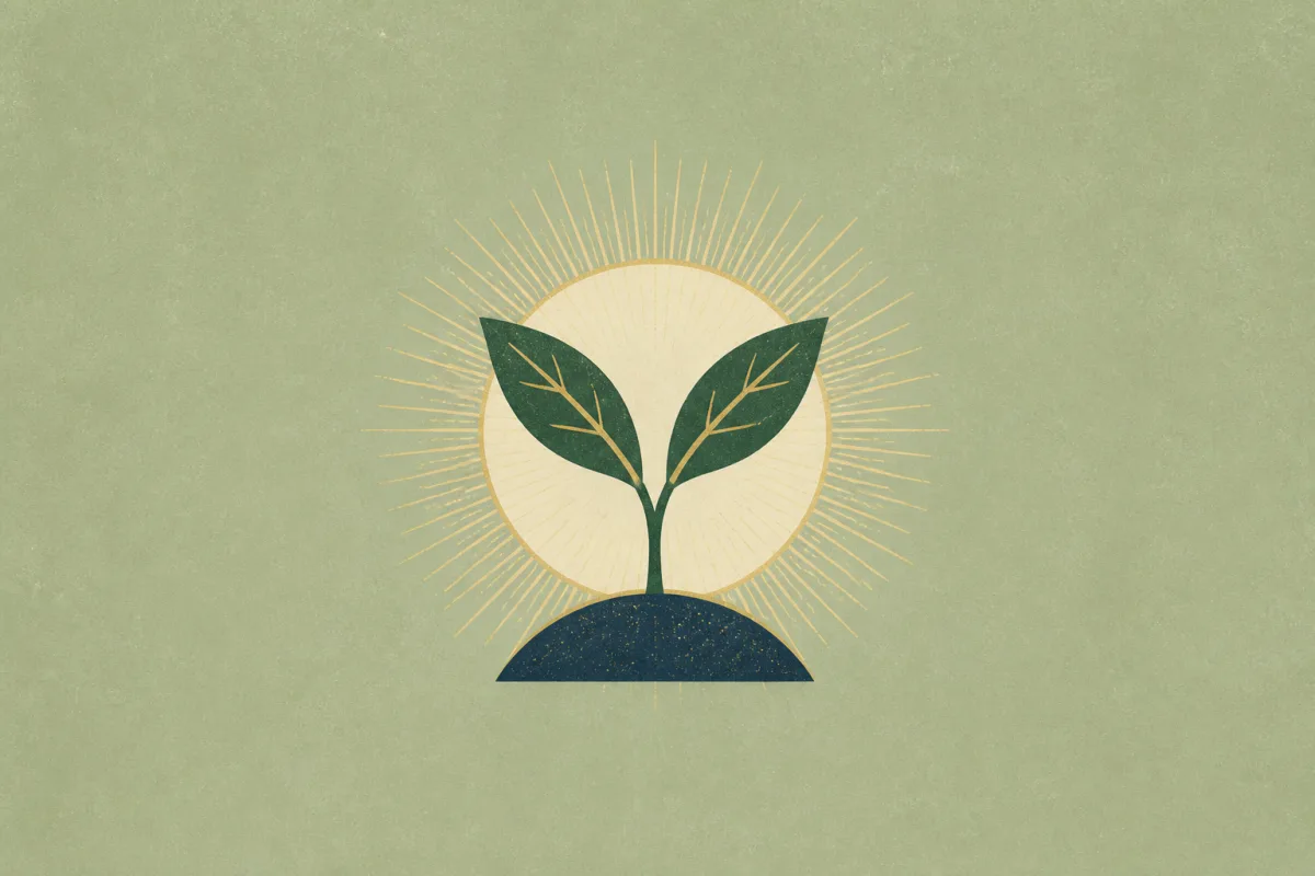 Ilustração em estilo gráfico: a single sprout with two leaves, em tons de verde musgo e verde salvia.