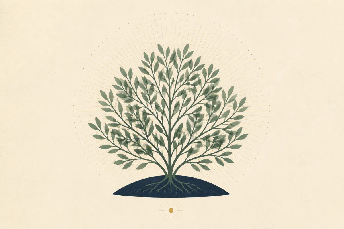 Ilustração em estilo gráfico: a mustard seed beside a large branching shrub, em tons de verde musgo e verde salvia.