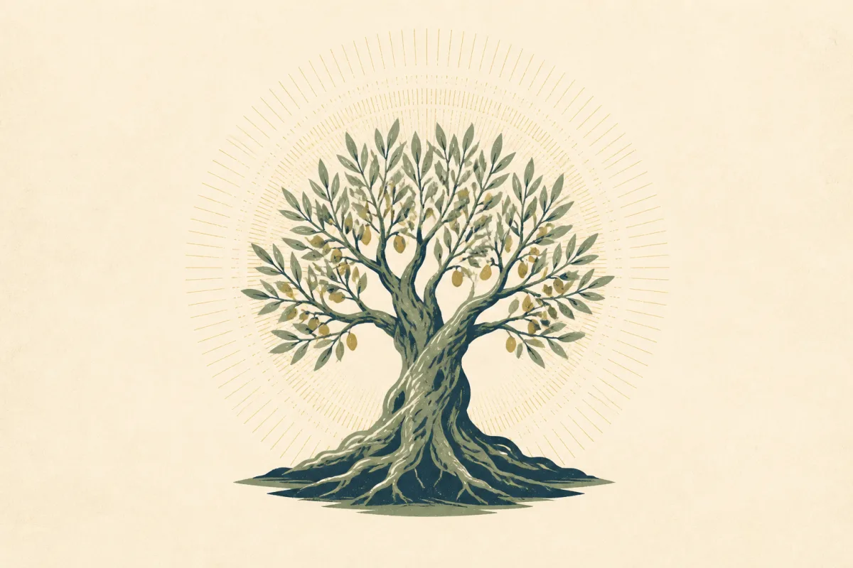 Ilustração em estilo gráfico: a mature olive tree with a gnarled trunk, em tons de verde musgo e verde salvia.