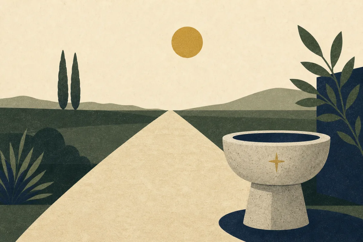 Ilustração em estilo gráfico: a simple stone baptismal font, em tons de verde musgo e verde salvia.
