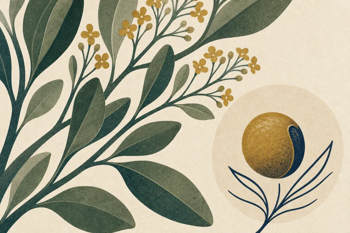Ilustração em estilo gráfico: a mustard seed beside a large branching shrub, em tons de verde musgo e verde salvia.