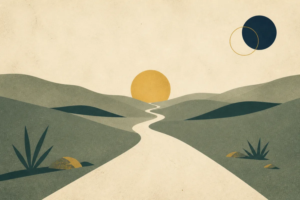 Ilustração em estilo gráfico: uma paisagem desértica com dunas moldadas pelo vento, em tons de verde musgo e verde salvia.