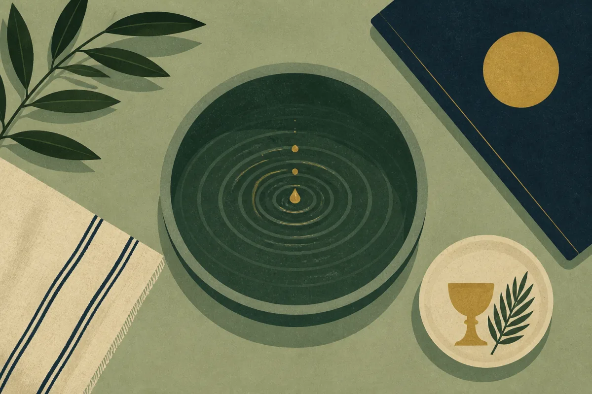 Ilustração em estilo gráfico: ondas concêntricas se espalhando sobre água calma, em tons de verde musgo e verde salvia.