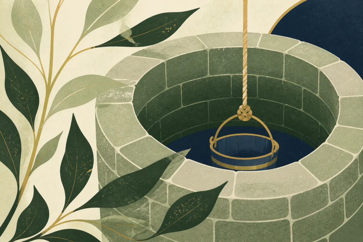 Ilustração em estilo gráfico: um poço de pedra com corda e balde, em tons de verde musgo e verde salvia.