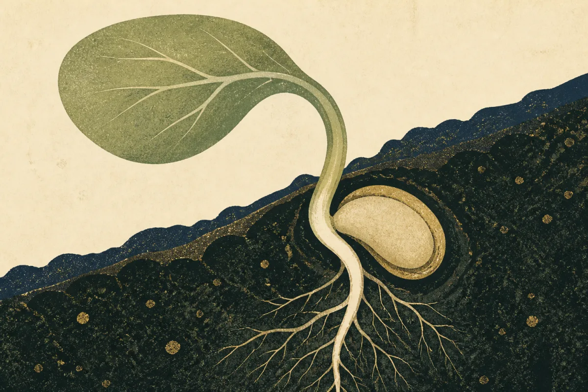 Ilustração em estilo gráfico: uma muda brotando de solo escuro, em vista de corte, em tons de verde musgo e verde salvia.