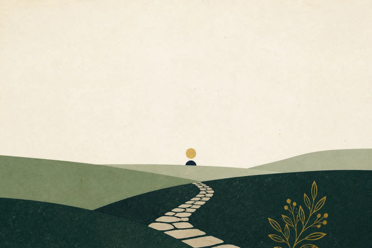 Ilustração em estilo gráfico: um caminho estreito de pedra serpenteando entre colinas, em tons de verde musgo e verde salvia.