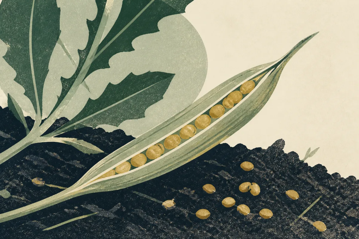 Ilustração em estilo gráfico: sementes espalhadas sobre terra arada, em tons de verde musgo e verde salvia.