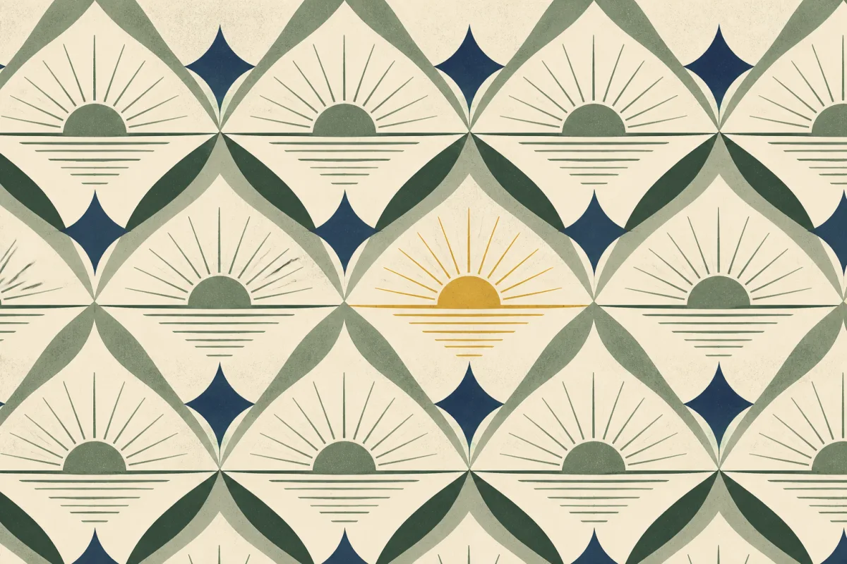 Ilustração em estilo gráfico: o sol nascendo sobre um horizonte plano com raios longos e finos, em tons de verde musgo e verde salvia.
