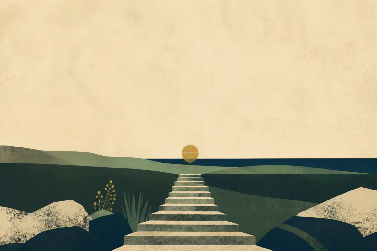 Ilustração em estilo gráfico: degraus de pedra gastos em subida, em tons de verde musgo e verde salvia.