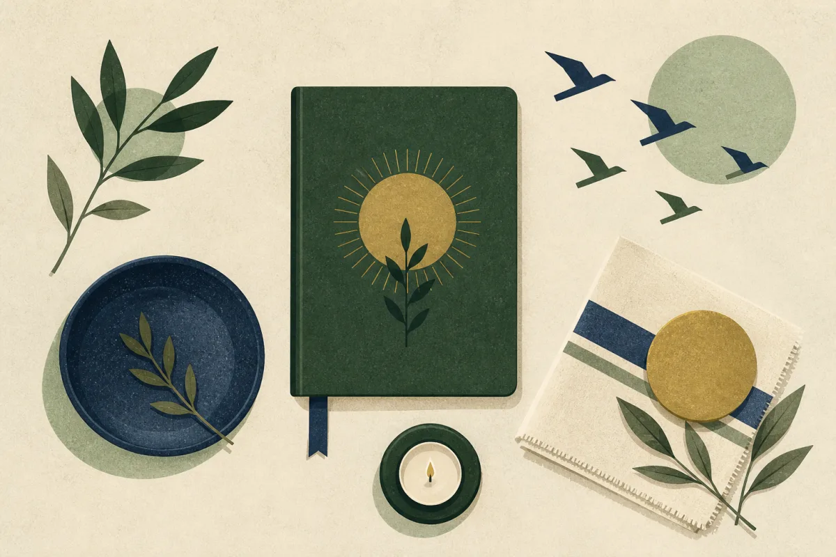 Ilustração em estilo gráfico: aves em voo como formas geométricas simples, em tons de verde musgo e verde salvia.