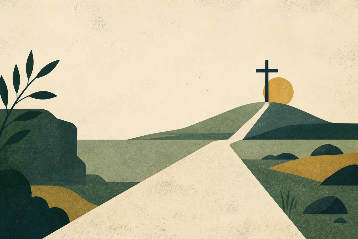 Ilustração em estilo gráfico: uma cruz de madeira sobre uma colina, em tons de verde musgo e verde salvia.