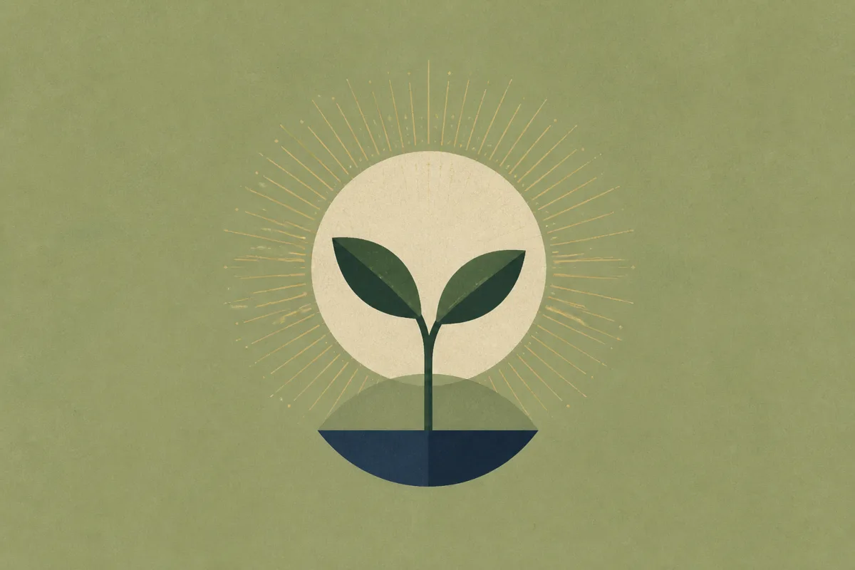 Ilustração em estilo gráfico: um broto com duas folhas, em tons de verde musgo e verde salvia.