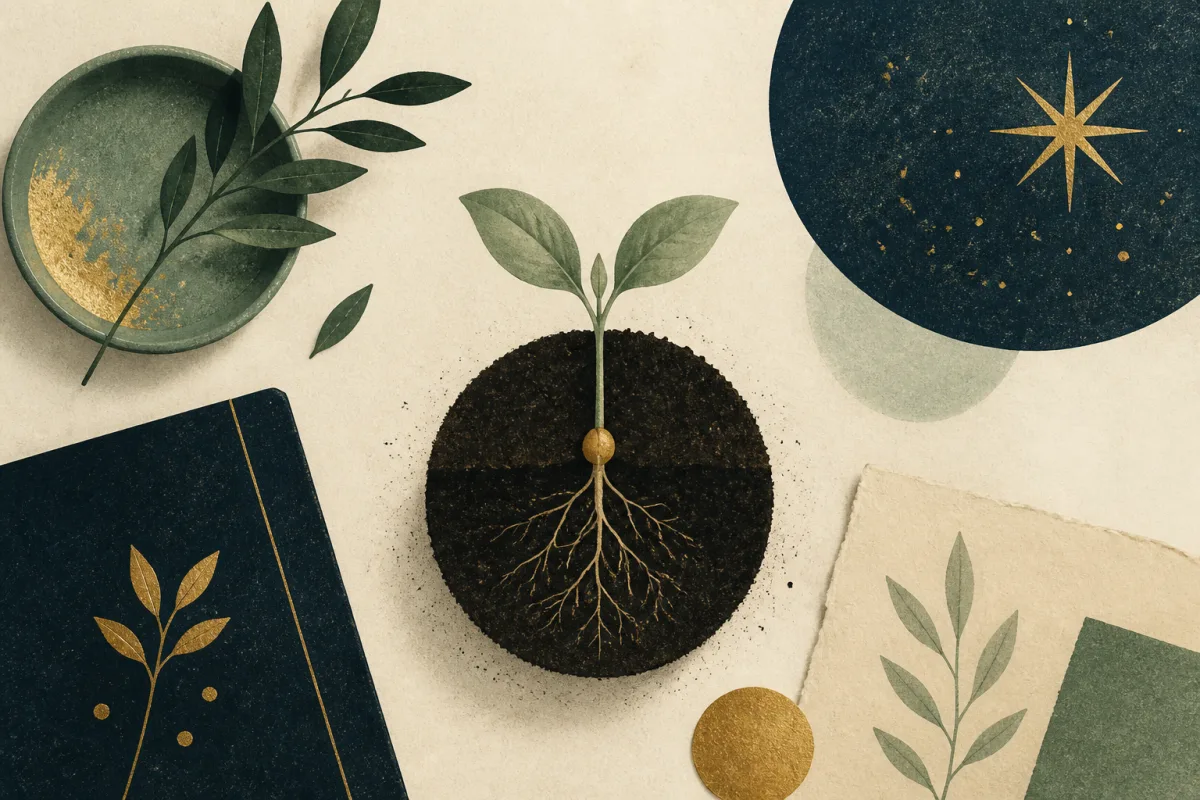 Ilustração em estilo gráfico: uma muda brotando de solo escuro, em vista de corte, em tons de verde musgo e verde salvia.