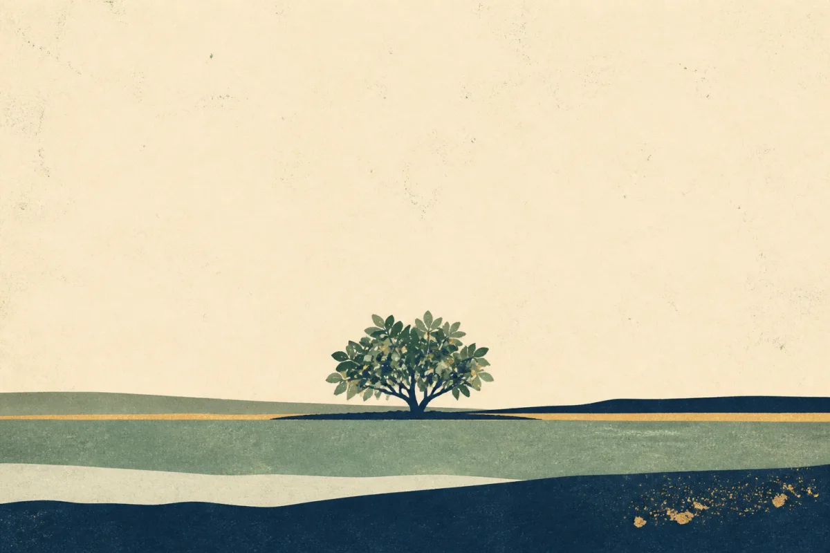 Ilustração em estilo gráfico: uma figueira com folhas largas, em tons de verde musgo e verde salvia.